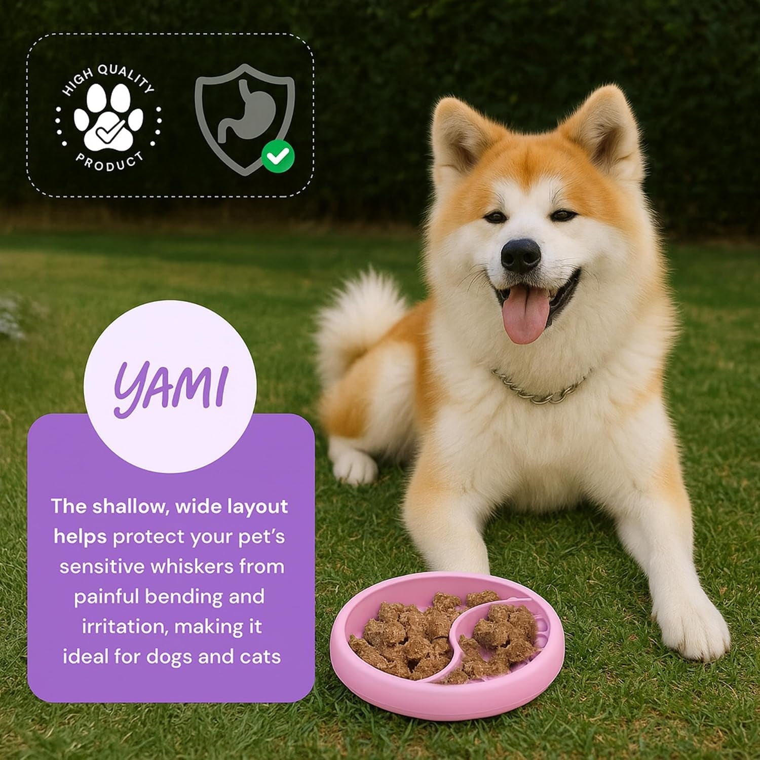 Un perro akita junto a la alfombrilla de lamer con comida